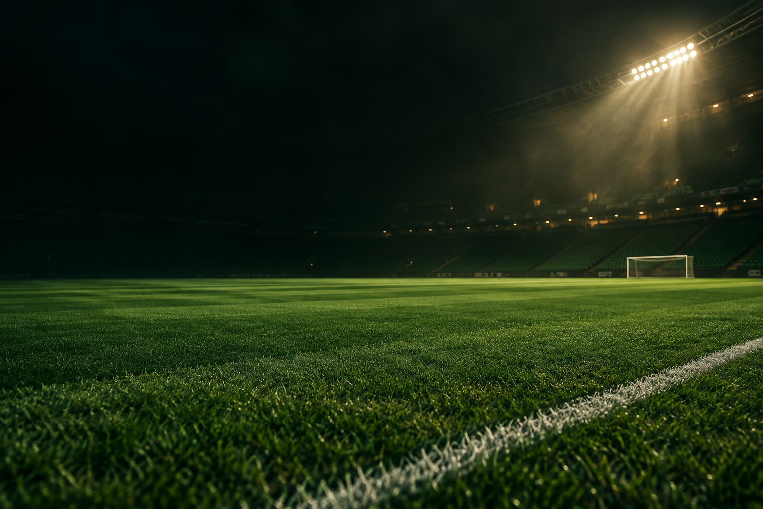 Floodlights illuminating a green football pitch and goal